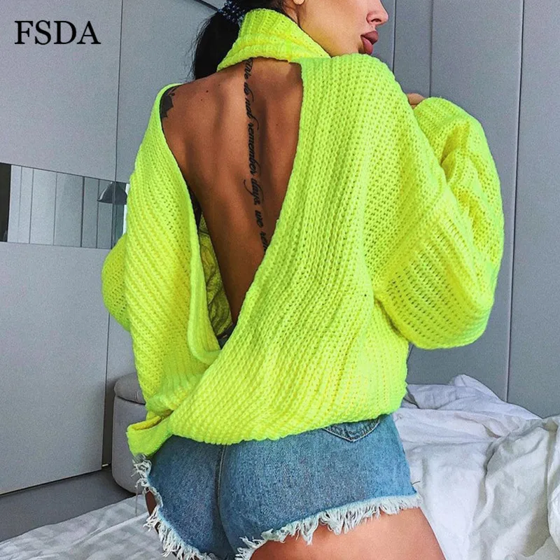 FSDA водолазка неоновый зеленый с открытой спиной с длинным рукавом свитер женский свободный сзади крест Повседневный теплый осенний зимний серый женский сексуальный пуловер