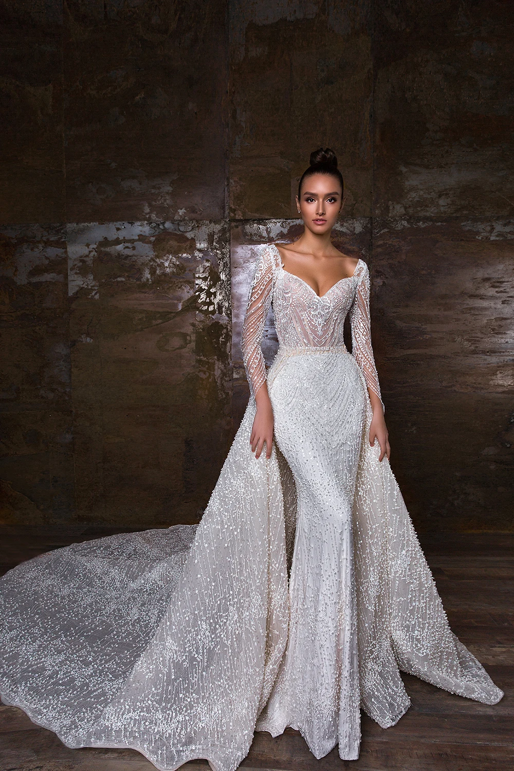 

Eslieb 2019 wedding dress custom made detachable train lace with shiny sequins off shoulder sweetheart HA125