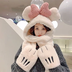 New Winter Big Bow Plush Three Piece One-piece Hat Children's Fashion Windproof Pullover Hat Women's Gloves Scarf Snood Apparel