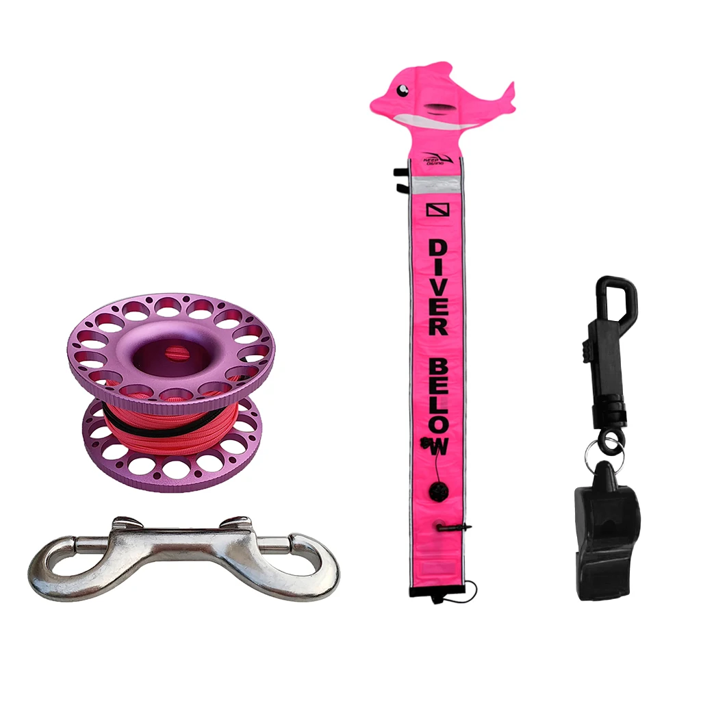 

Scuba Diving (SMB) Surface Marker Buoy Signal Tube + Finger Spool Reel 30m Line Double Ended Bolt Snap + Emergency Whistle
