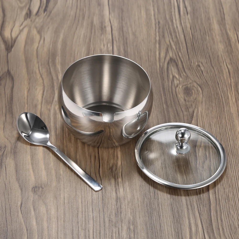 Homgeek High-end Durable Stainless Steel Sugar Bowl with Lid and Sugar Spoon Versatile Seasoning Container
