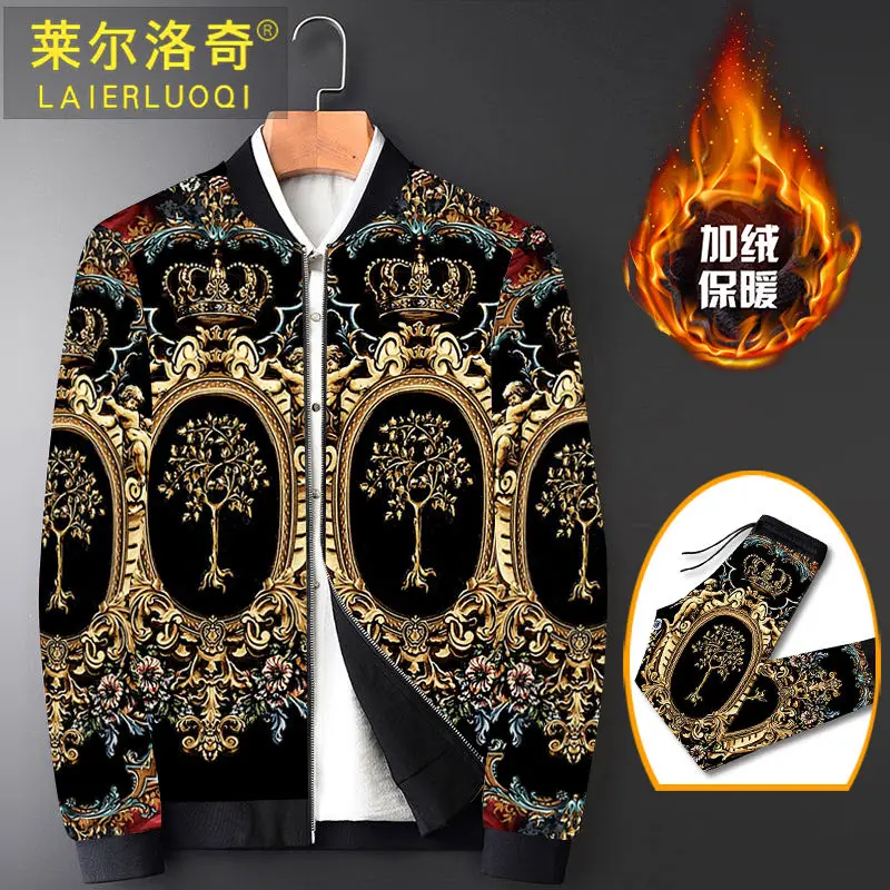

Men's coat and trousers 2-piece fashion printed casual suit loose large size new style of cashmere in autumn and winter