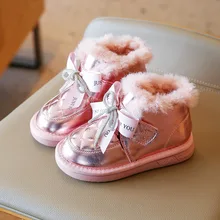 Bottes de neige avec nœud papillon pour filles, chaussures chaudes pour enfants, avec strass, fourrure épaisse, antidérapantes, en peluche, à la mode, nouvelle collection hiver, E10281