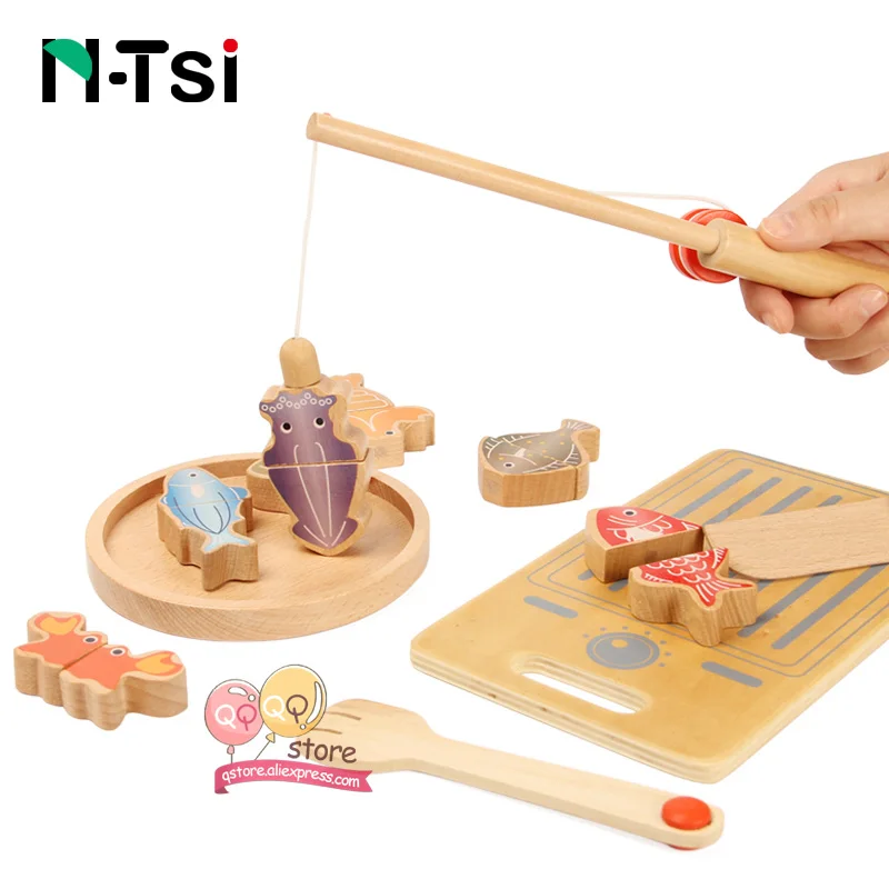 N-Tsi деревянные пищевые группы овощи магнитные рыболовные кухонные игрушки ролевые игры Развивающие детские подарочные игрушки для детей