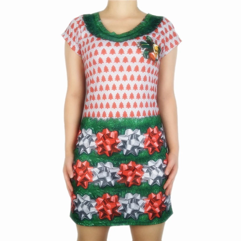 

Cute Christmas Tree Snowflake Printed Christmas Dress for Women Vintage Girls Short Sleeve Christmas Holiday Party Dresses