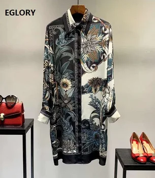 

2020 Spring Summer Fashion Long Shirt Dress High Quality Women Vintage Print Long Sleeve Casual Loose Silk Dress Large Size