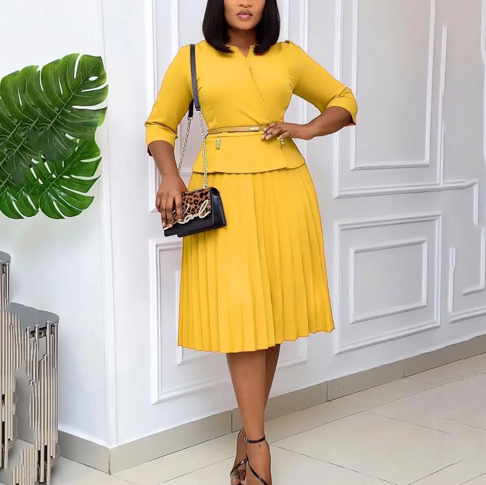 

Elegant African Dress Women 2020 Autumn Yellow Pleated Three Quarters A Line Office Business Work Robe Femme Vestidos Midi New