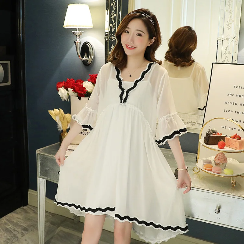 

2019 Summer New Style Maternity Clothes Lace Chiffon Loose-Fit Dress Two-Piece Set Camisole Medium-length Maternity Dress