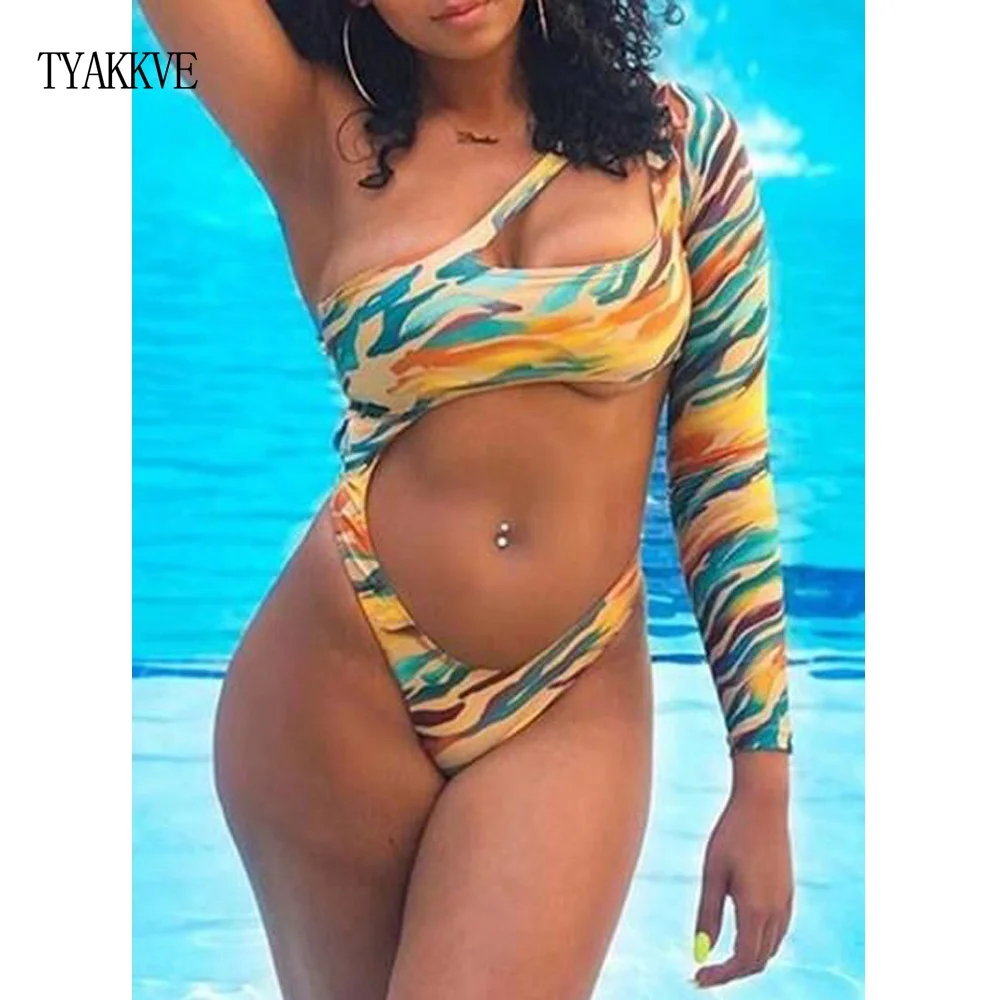 

2020 Rashguard Long Sleeve Swimsuit One Piece Surf Swimwear Women Cut Out Bodysuit Hollow African Print Swim Suit Thong Monokini