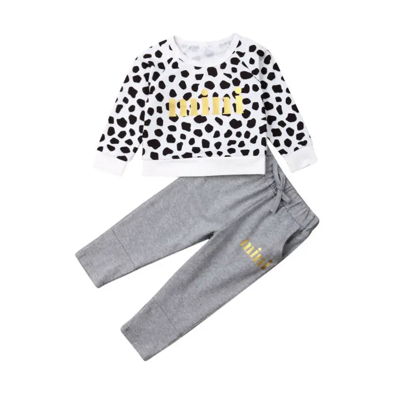 Комплект одежды из 2 предметов для маленьких девочек, комплекты одежды хлопковая Футболка с леопардовым принтом топы, спортивный костюм+ штаны, комплект