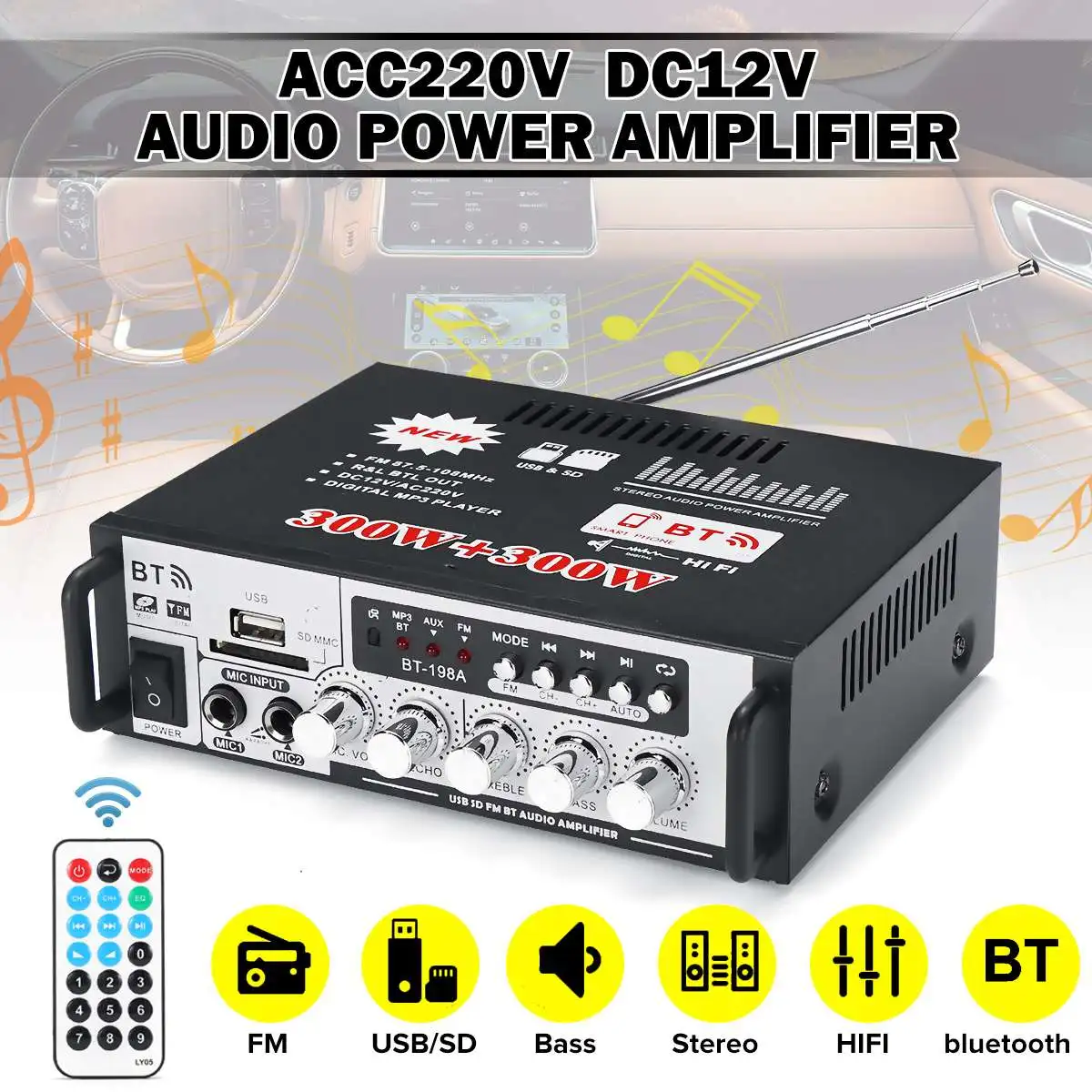 220 в 12 В HIFI bluetooth усилитель беспроводной bluetooth бас аудио FM радио U блюдо TF карта усилитель мощности домашний усилитель