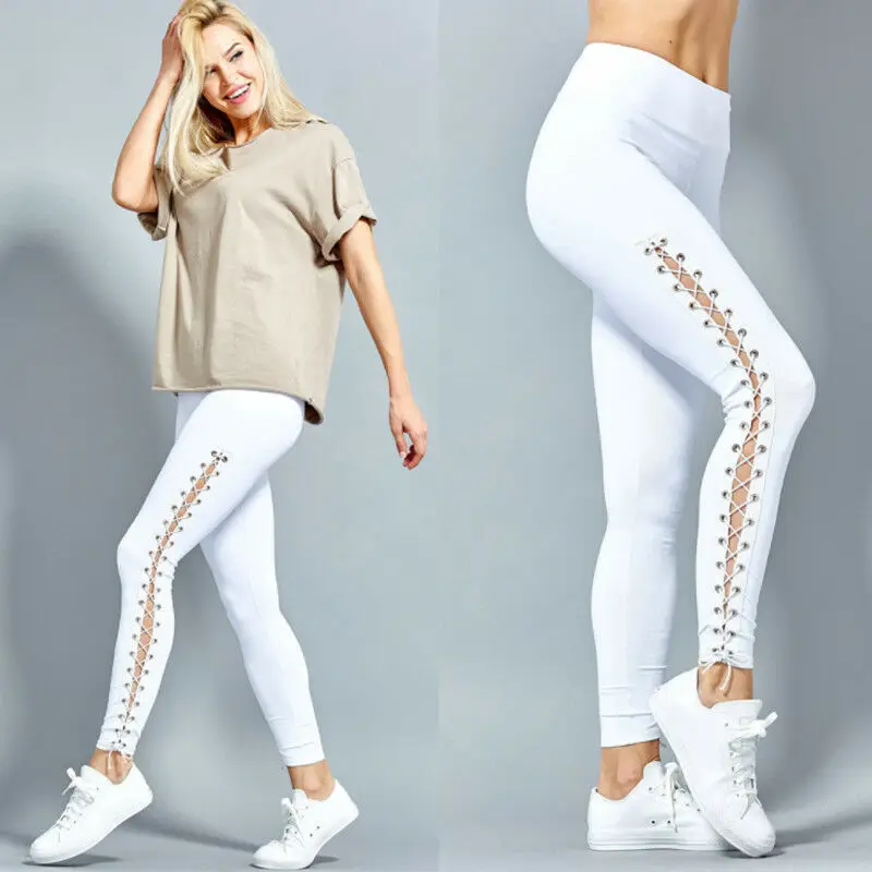 Модные женские леггинсы с высокой талией на шнуровке узкие брюки юбка-брюки - Цвет: Белый