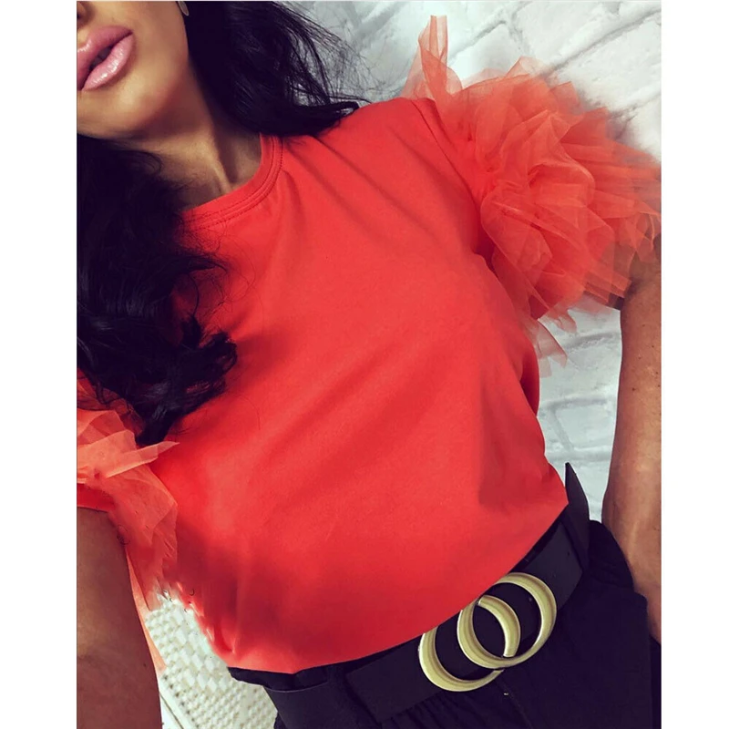 

Women's T-shirt New Fashion Round Neck T Shirt Solid Color Short-sleeved Tops Lece Tulle Women Shirt Party Clothes Streetwear