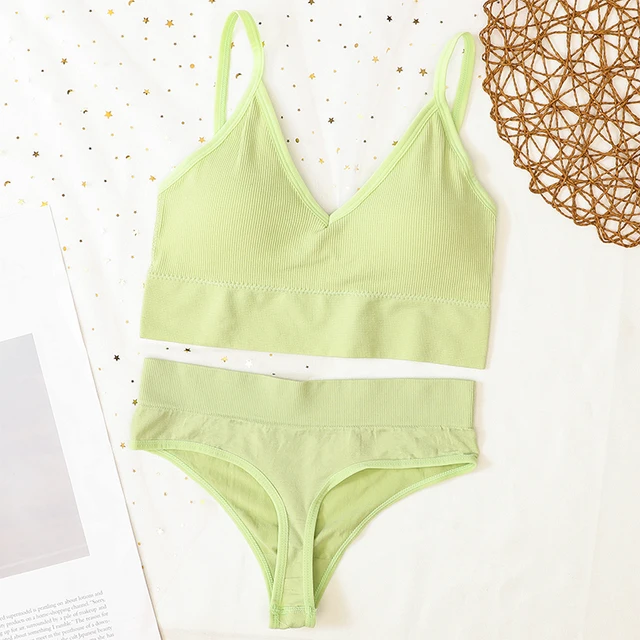 Women Bra And Panties Set Sports Bra Set Sexy G-String Seamless Bra Thong Sexy Lingerie Set Fitness Crop Top Underwear Intimates thong-light green