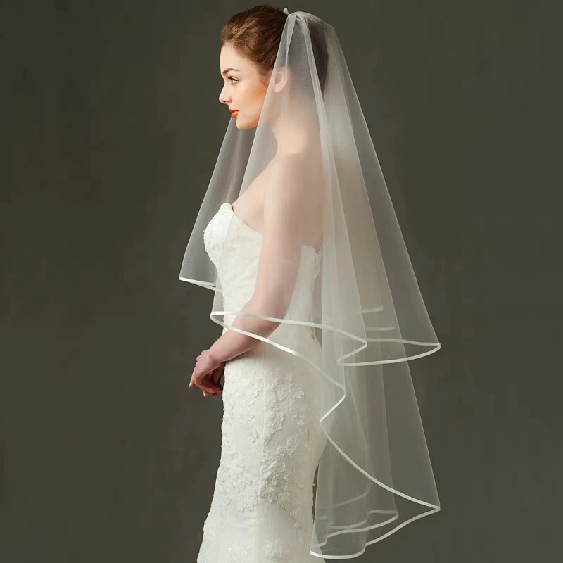 

TOPQUEEN V97 Wedding Veil Long Bridal Veils 2 Layer Ribbon Edge Veil for Bride 3 Meters Wedding Accessories Veu de Noiva