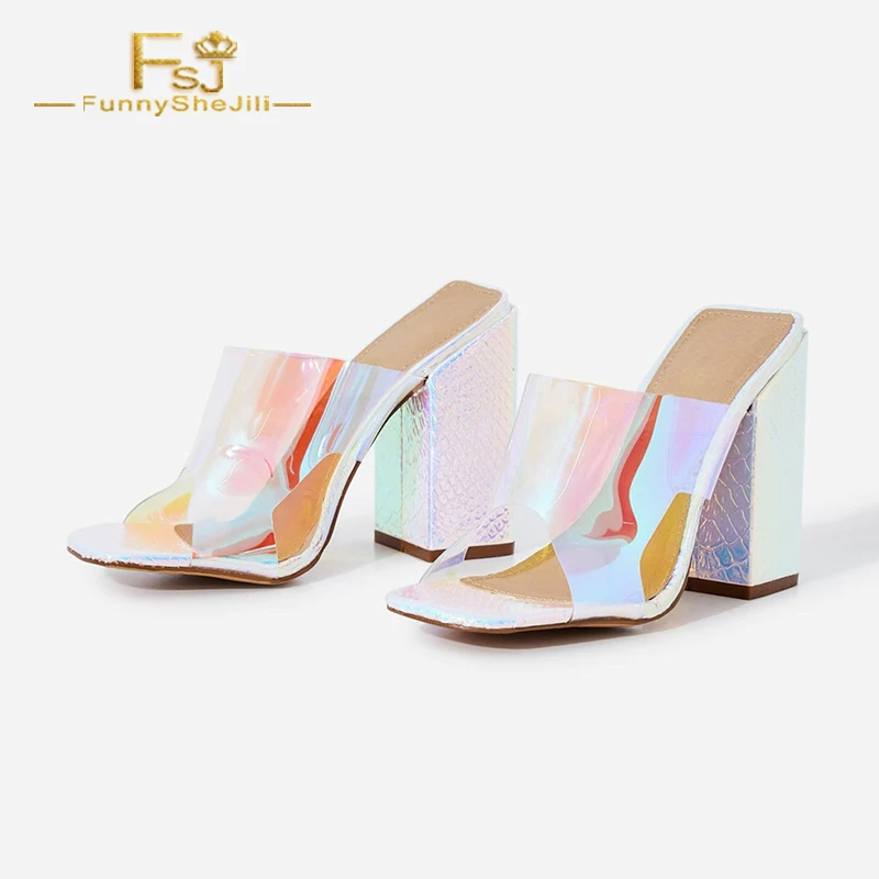

Hologram Clear Transparent PVC Block Heel Mules Open Toe Chunky Heels Summer Party Night Club Prom Woman Shoes 2019 US 16 FSJ