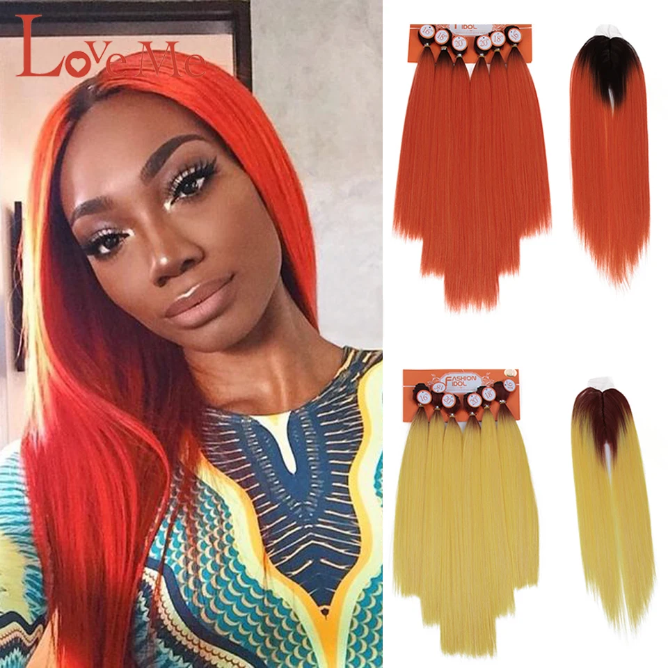 Mechones de pelo lacio Yaki sintético LOVE ME 7 unids/pack de mechones de pelo sintético Ombre de 16-20 pulgadas con extensión de pelo trenzado de cierre