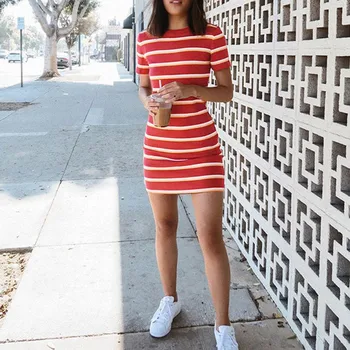 

Ladies Summer New Fashion Striped Contrast Short Sleeve T-Shirt Women's Slim Red Mini DressWholesale Free Ship платье Z4