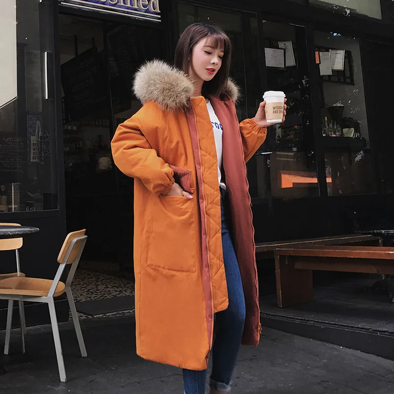 

Double 11 Main Push 2017 Autumn And Winter New Style Korean-style WOMEN'S Wear Thick Large Fur Collar Contrast Color Cotton-padd