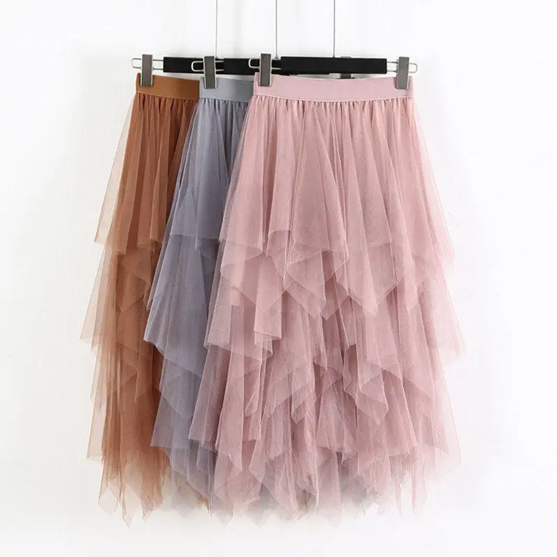 Милая Женская Асимметричная сетчатая юбка трапециевидной формы, эластичная юбка с высокой талией, Однотонная юбка трапециевидной формы, длинная юбка