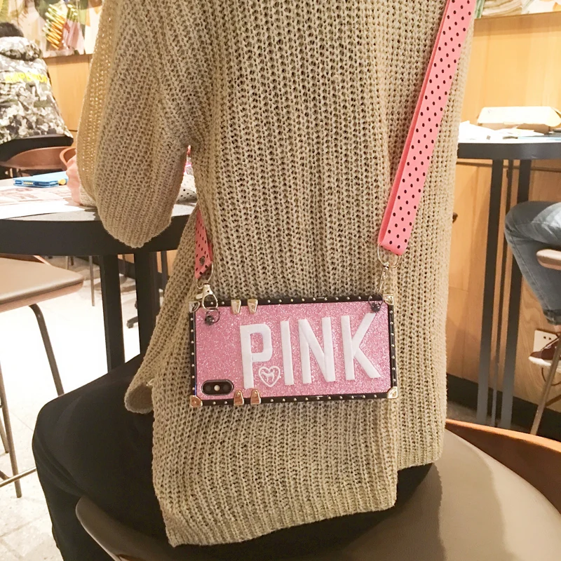 

Luxury Lady 3D Pink Embroidery Glitter Case for iPhone 7 8 Plus X XR XS MAX Square Shoulder Phone Cases for iPhone 6 6s Plus