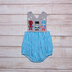 Vêtements d'été gris pour garçons, barboteuse sans manches à motif de super héros brodé pour tout petits 