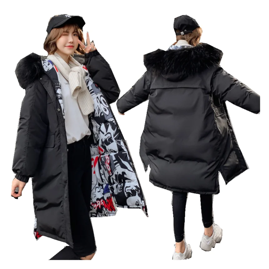 

2020 Women Winter Down Jacket New Arrival With Fur Hooded Long Coat Cotton Padded Warm Parka Womens Parkas Both Two Sides Wore