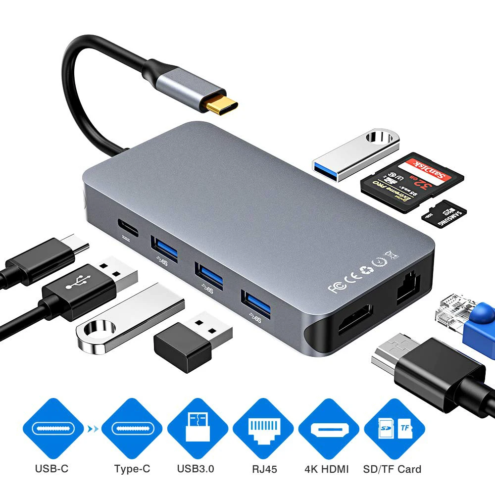 USB C концентратор, 9 в 1 USB C к HDMI и RJ45 Gigabit Ethernet концентратор с 4 USB3.0 портами, SD/TF кард-ридер и USB C зарядный порт, Тип C