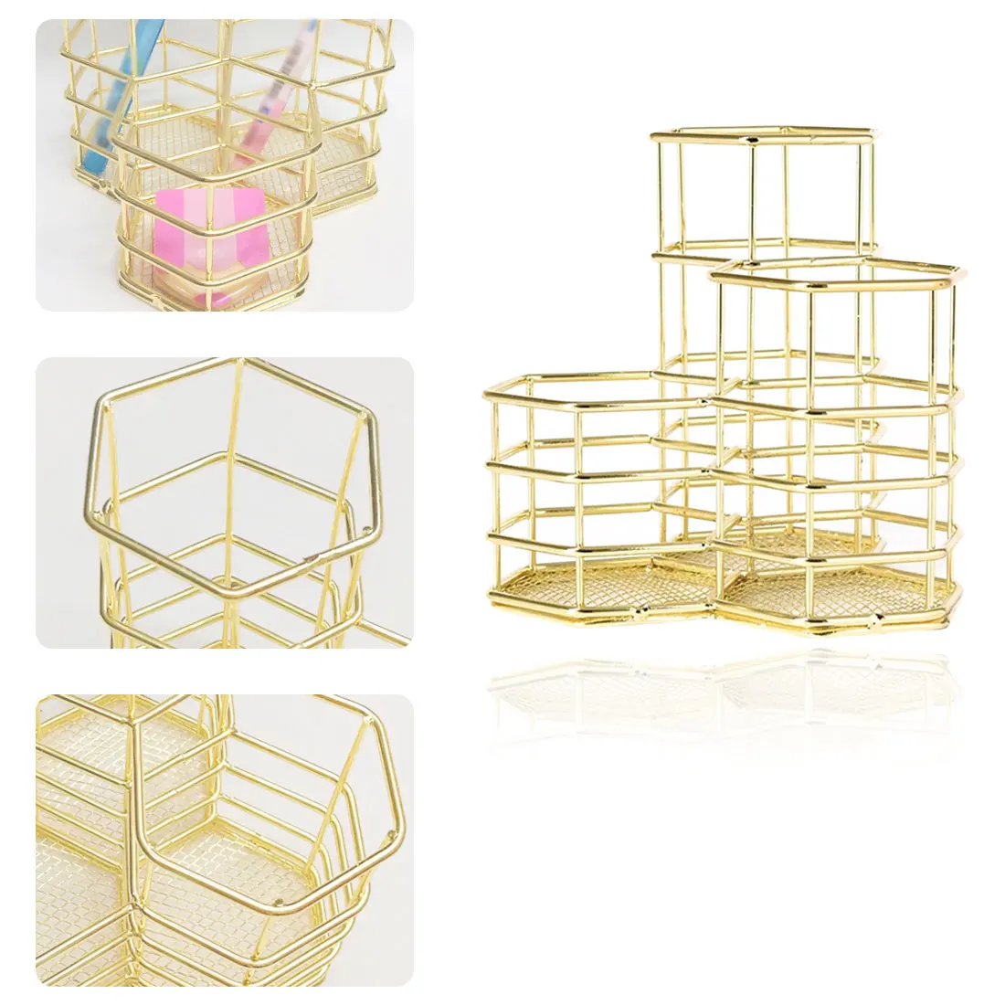 Home Office Table Organizer Hollow Hexagon Pen Holder Creative Makeup Brush Organizer Stationery Storage Container