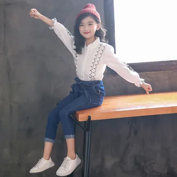 

2020 spring nes kids girls clothing set adolescent white girls shirts+jeans 2pcs clothes set college child clothes