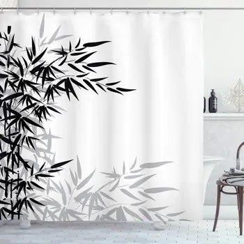 

Bamboo Leaves on Clear Simple Background Organic Life Bath Curtains Bathroom Decor with Hooks