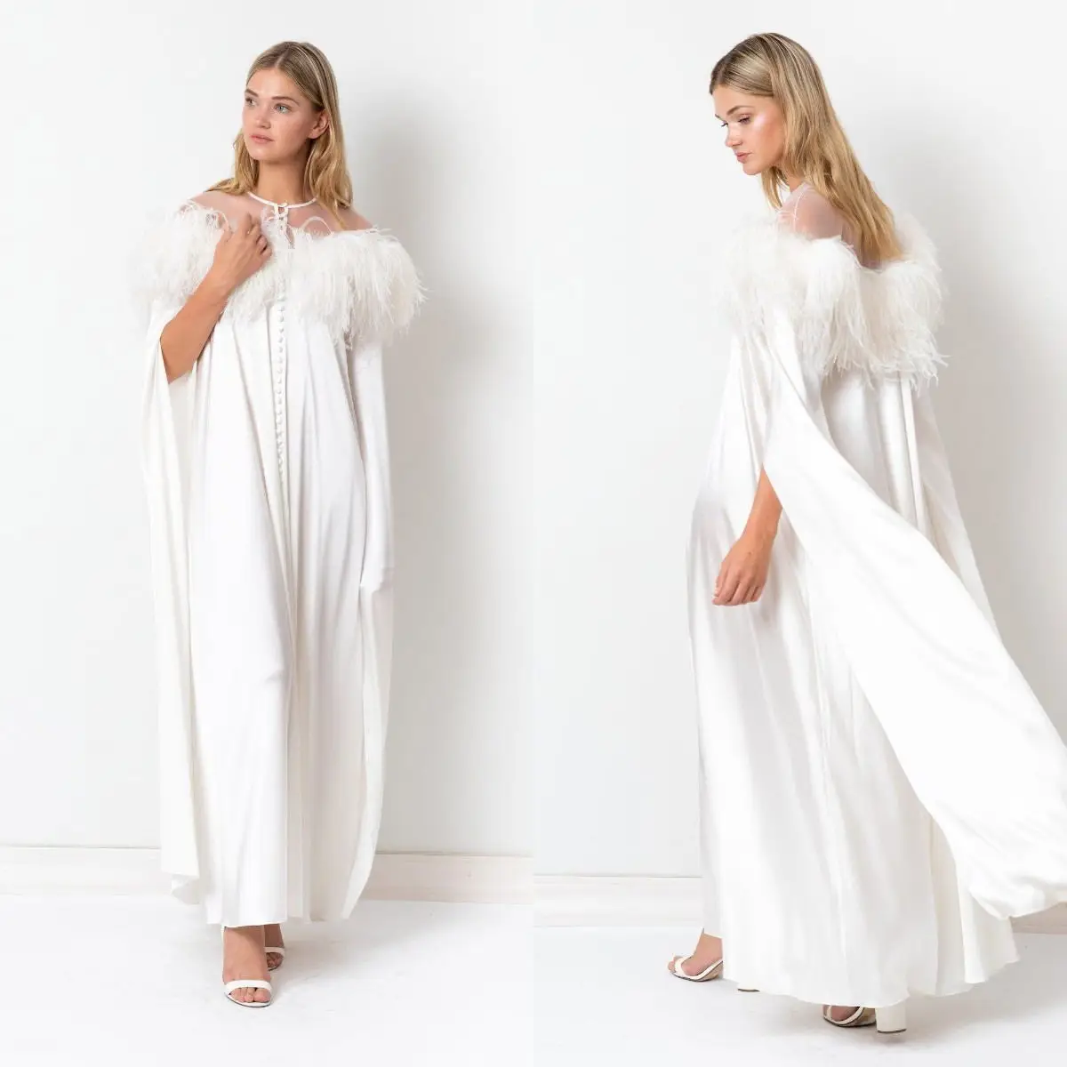 

White Silk Dressing Gown with Ostrich Feather A Line Bridal Boudoir Dresses Sleepwear Bathrobes Nightgowns Robe Women Prom Dress