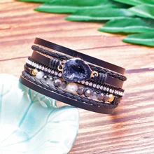 Модный простой Многослойный кожаный браслет-wrap браслет в богемном стиле Плетеный Браслет-манжета браслет из хрустальных бусин Стразы ручной работы браслет с магнитной застежкой