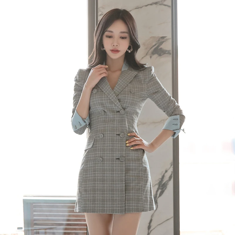 

Foamlina Elegant Women Dress New Autumn Notched Collar Long Sleeve Plaid Print Patchwork Double Breated Casual Work Blazer Dress