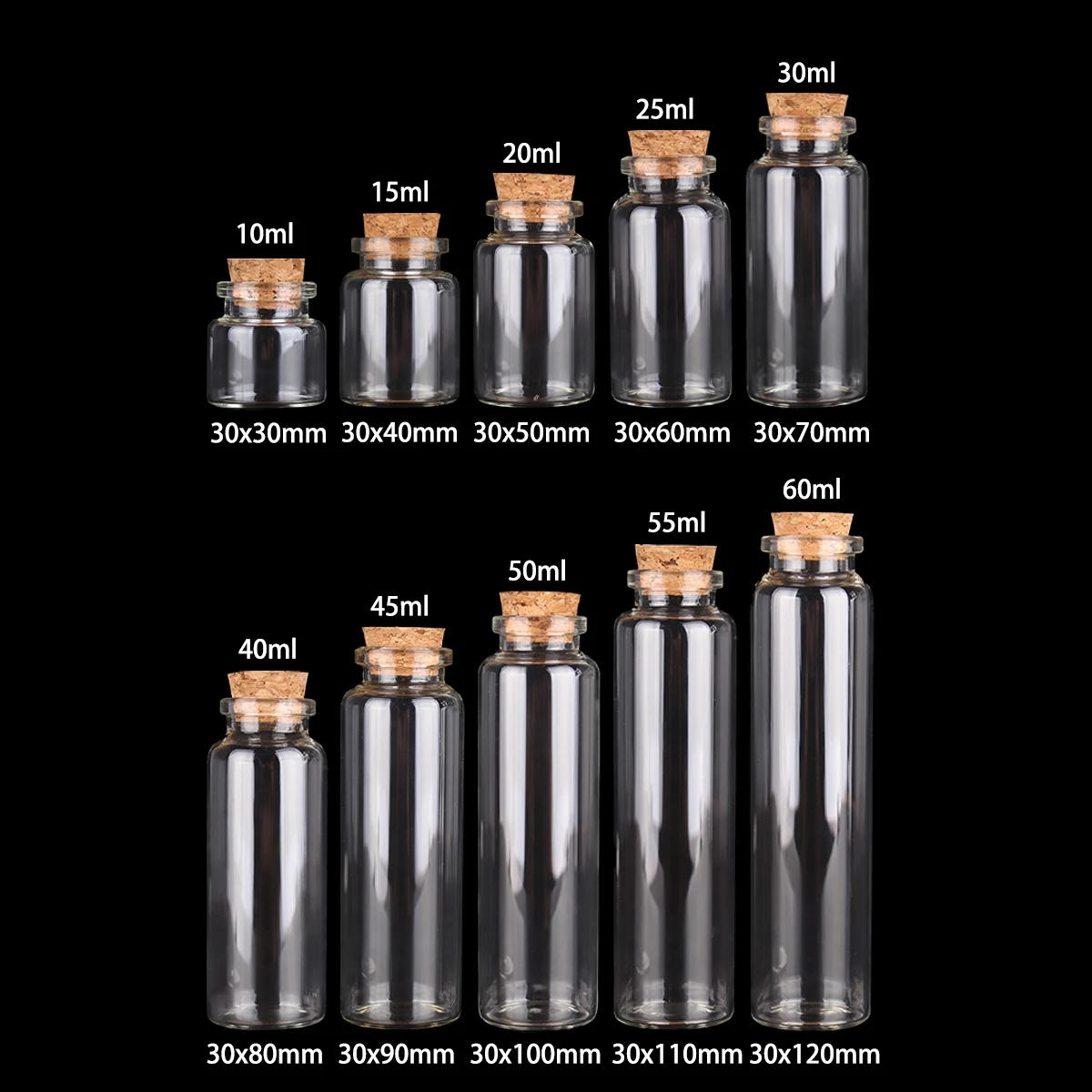 12 pieces/lot 10ml 15ml 20ml 25ml 30ml 40ml 45ml 50ml 55ml 60ml Glass Bottles With Cork Stopper Spice Jars Glass Vessels Crafts 3