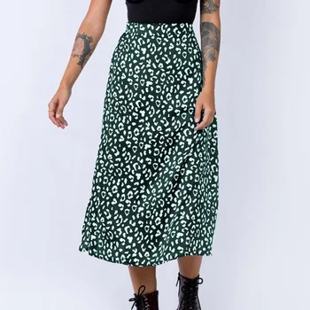 

Fashion Mid-carf Skirt Women's Leopard Print Skirts Women High Waist Elastic Split Midi A- Line Skirt Streetwear