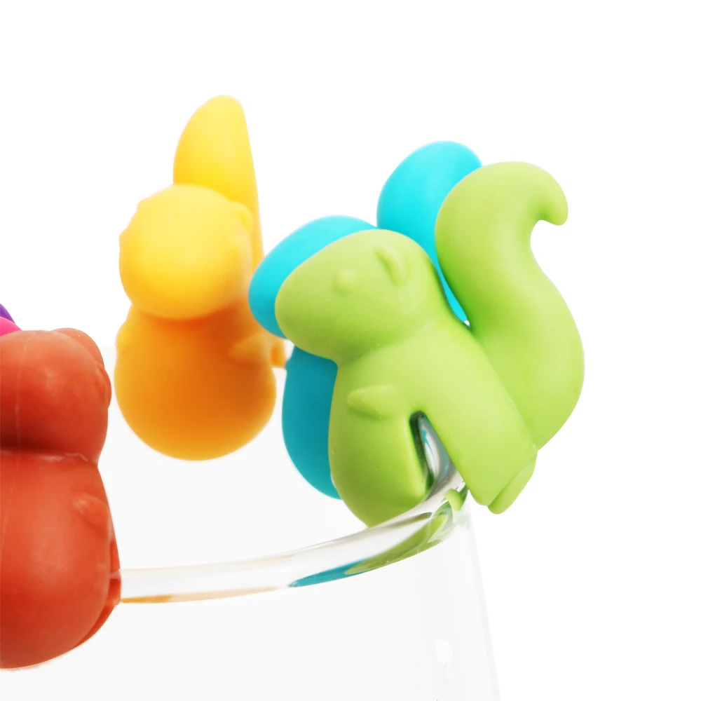 7 pcs/set Cute Squirrel Shape Wine Bottle Stopper Wine Cork Plug Drink Cup Mixproof Silicone Marker Rubber Wine Glass Label