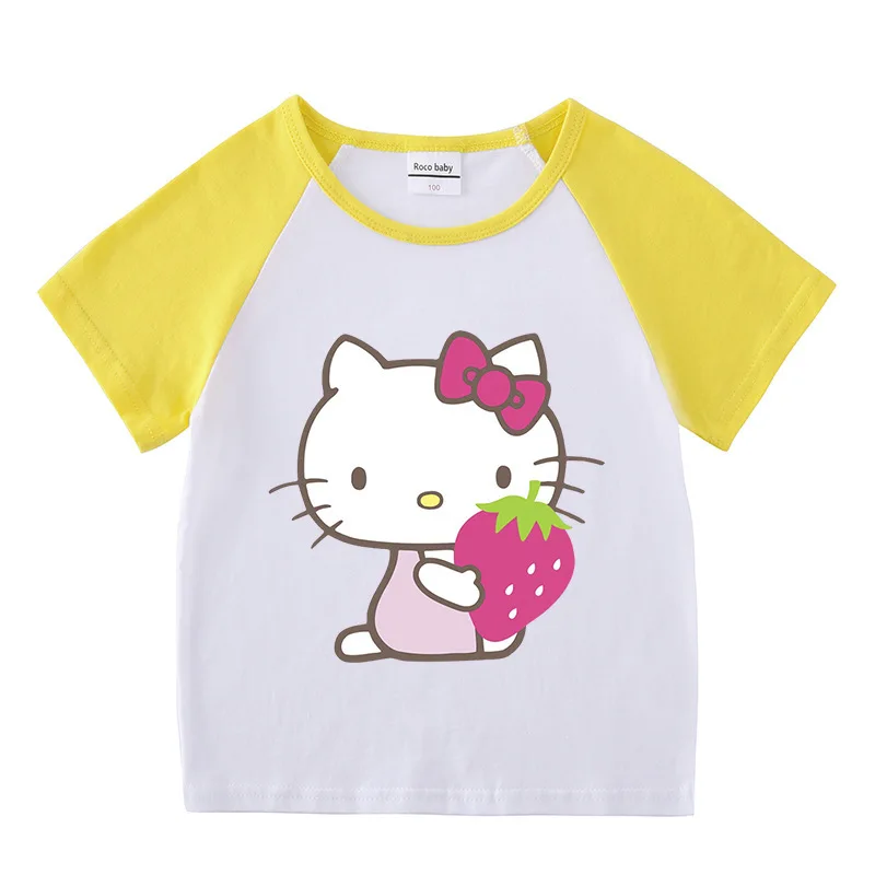 Hello Kitty-ropa transpirable de algodón puro para niños, conjunto de dos piezas, moda informal para niñas, pantalones cortos de manga corta, traje deportivo para niño