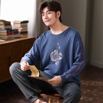 

Male Pajamas Set Cartoon Long Sleeved Sleep Clothing Winter Sleepwear Cotton Nightwear Men Nighty Casual O Neck Fashion