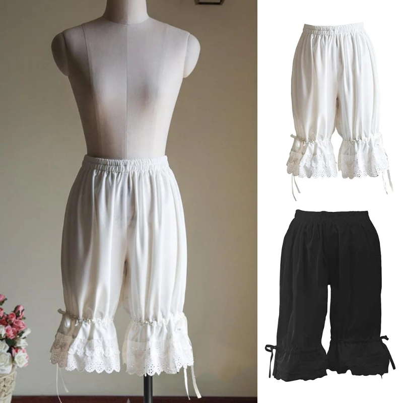 Women Lolita Vintage Bloomers Ruffles Lace Hem Bow Lantern Pumpkin Shorts Solid Color Elastic Bubble Safety Under Pants crossover leggings