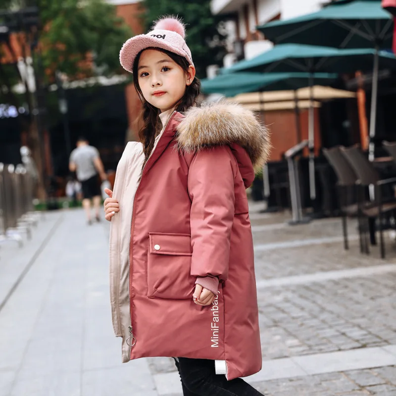 Зимний пуховик для девочек, Утепленное зимнее пальто с капюшоном для девочек, парка для детей 5-12 лет, детская верхняя одежда, зимний комбинезон - Цвет: Розовый