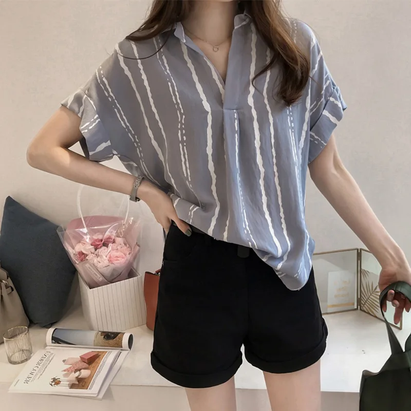 Women short Sleeve Office Blouse White Navy Yellow Work Shirt V-Placket Curved High Low Batwing Sleeve Tops Summer Ladies Blouse - Цвет: L