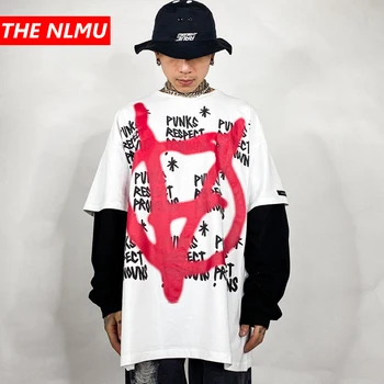 

2020 Fake Two Pieces Long Sleeve Tshirts Mens Graffiti Print Tees Shirts Streetwear Hip Hop Casual Loose Tshirts Men Tops WQ032
