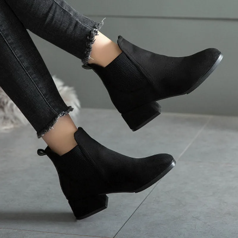 Botines aterciopelados de invierno y otoño para mujer, Botines negros lisos  informales de 3,5 cm con punta redonda y talón cuadrado, tallas 35 43|Botas  hasta el tobillo| - AliExpress