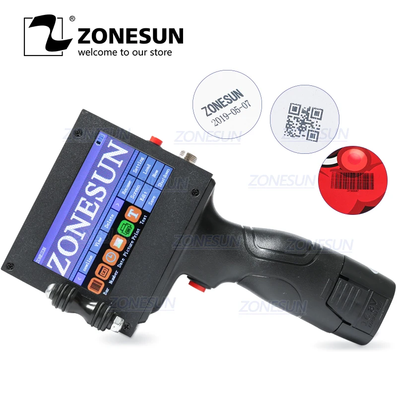 Ручной Интеллектуальный струйный принтер ZONESUN с сенсорным экраном QR USB 360