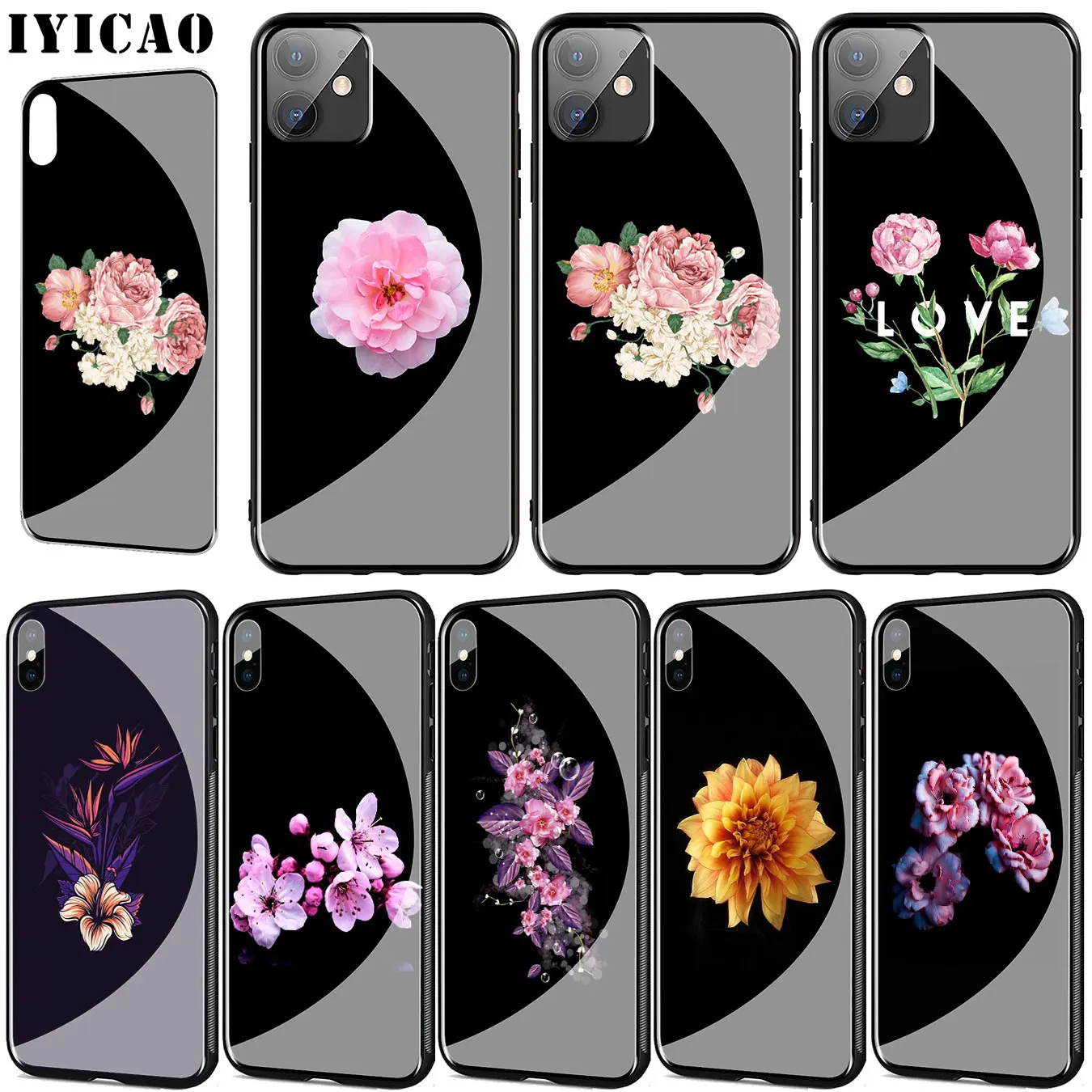 Черный розовый цветочный чехол из закаленного стекла для телефона iPhone 11 Pro XR X XS Max