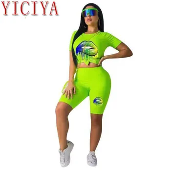 

Two Piece Set Tracksuit Tops And Shorts Matching Suit Casual Festival 2 Piece Outfits For Women New Summer Neon Green Lips Print