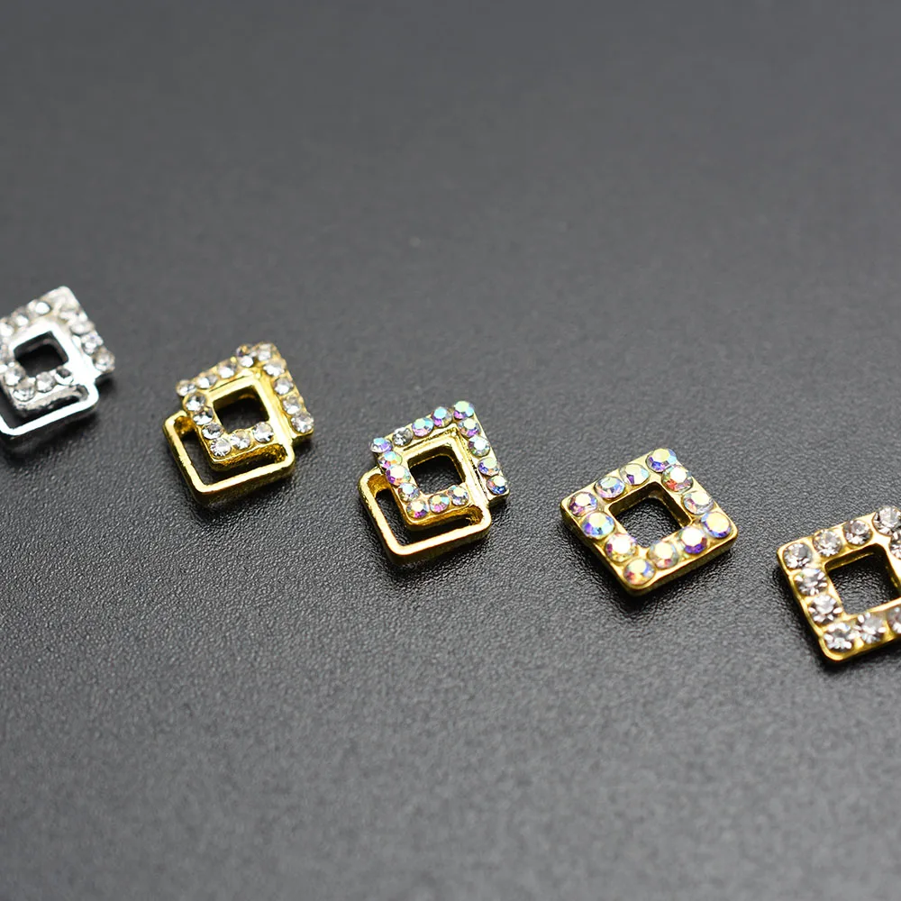 

10pcs Gold Silver square J-Korea AB Rhinestone Nail Art Decorations simple Alloy 3D Hollow strass Nail Charm Nail Accessory