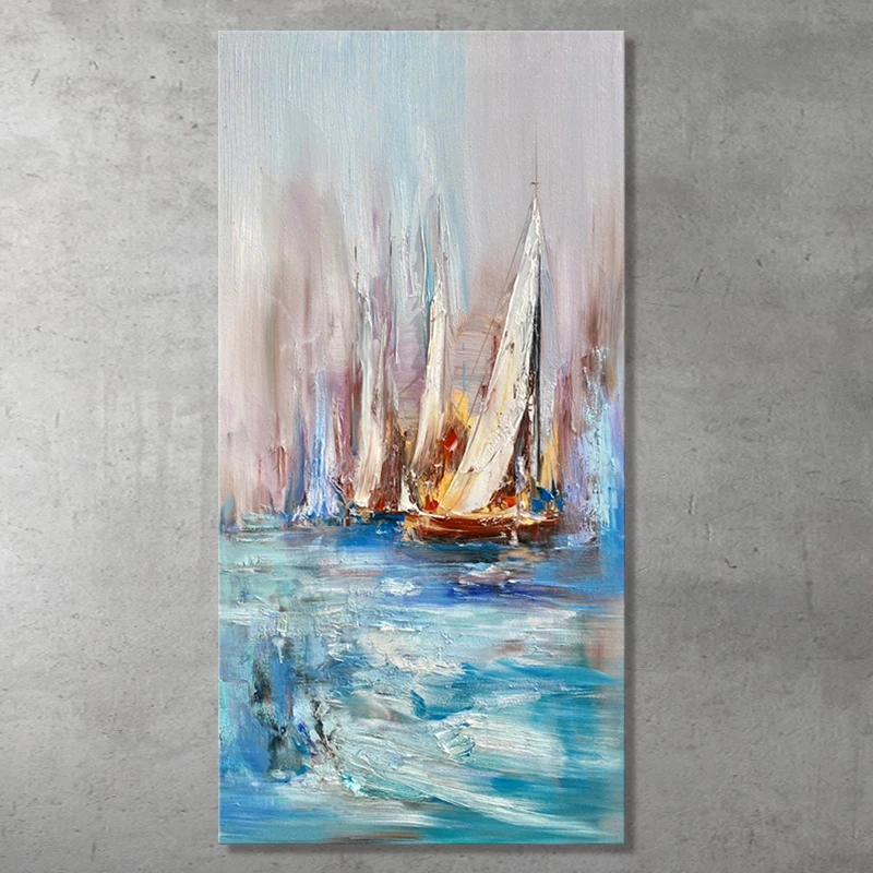 

Handmade Handpainted Abstract Modern Sea Sailboat Landscape Oil Painting On Canvas,Wall Art,Picture For Living Room Office Decor