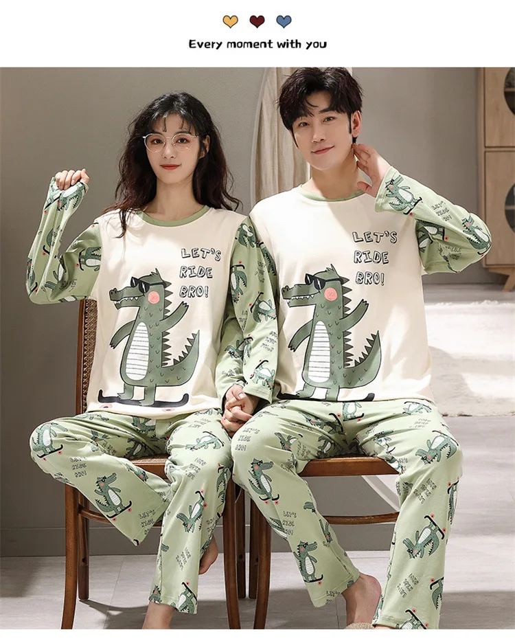 Knitted Cotton Autumn Winter Pajamas Set For Men Cartoon Green Dinosaur Print Lovers Sleepwear Fashion Patchwork Women Home Wear white pajama pants